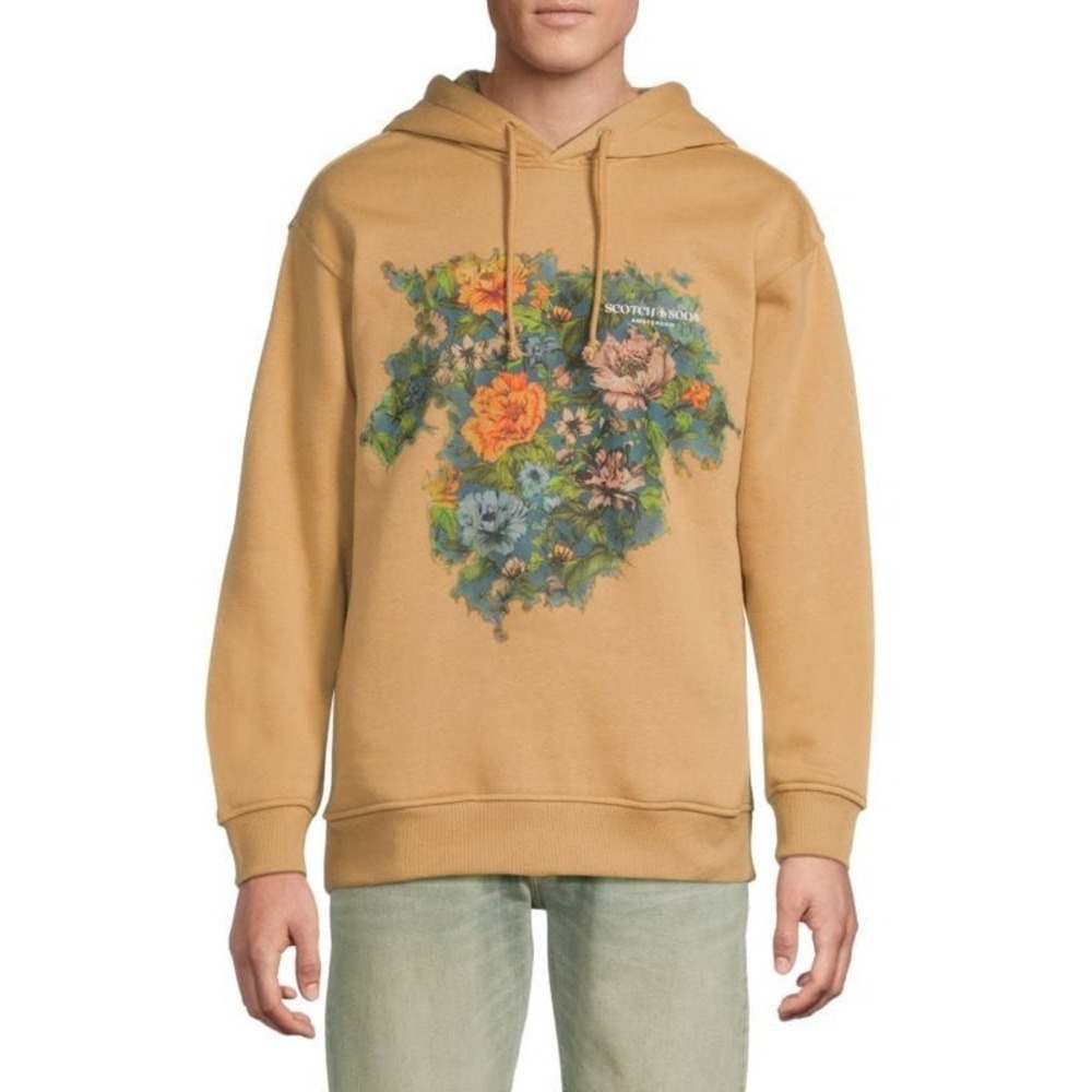 Scotch &‎ Soda Mens Tan Floral Print Relaxed Fit Fleece Hoodie Sweatshirt M